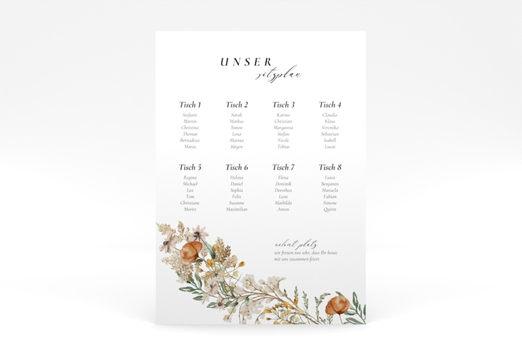 Sitzplan Poster Hochzeit Wildfang 50 x 70 cm Poster weiss mit getrockneten Wiesenblumen