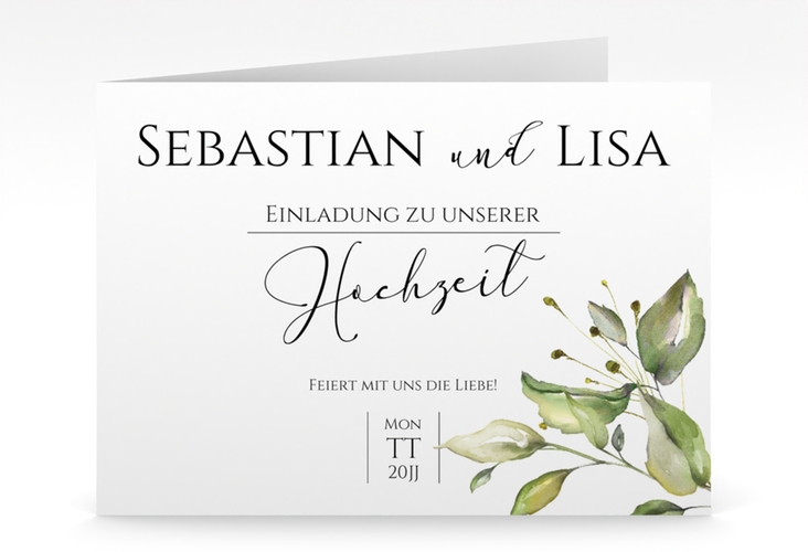 Hochzeitseinladung Leaves mittlere Klappkarte quer weiss