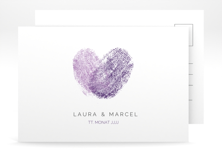 Verlobungskarte Hochzeit Fingerprint A6 Postkarte lila schlicht mit Fingerabdruck-Motiv