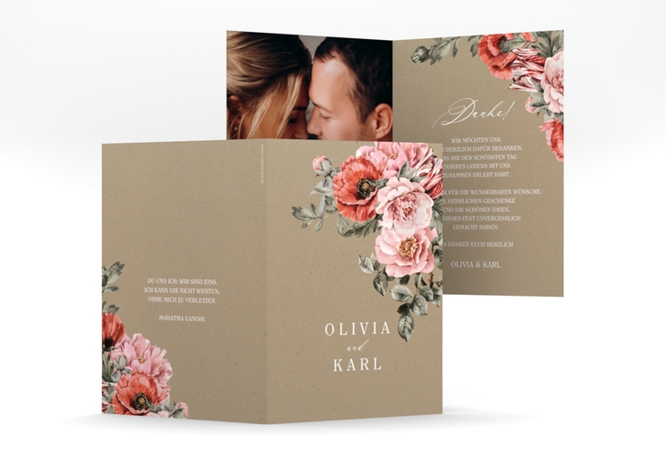 Danksagungskarte Hochzeit Grazioso A6 Klappkarte hoch Kraftpapier modern mit Mohnblumen und Rosen