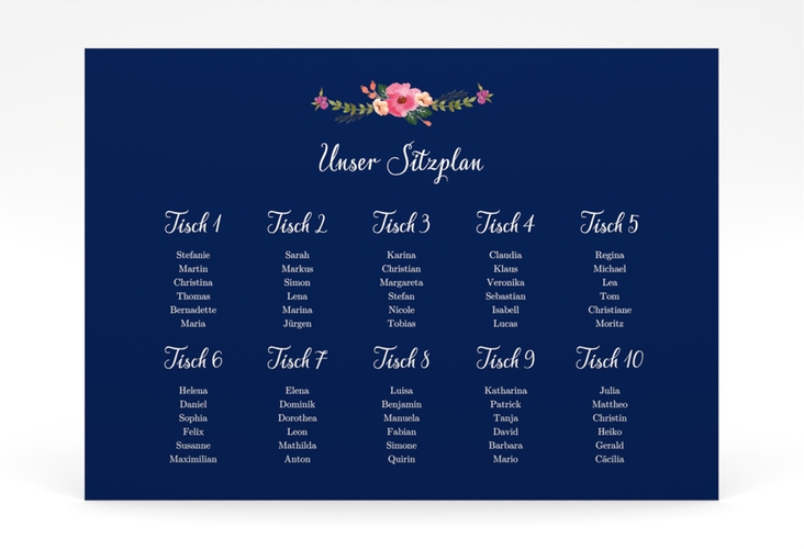 Sitzplan Poster Hochzeit Fiore 70 x 50 cm Poster blau