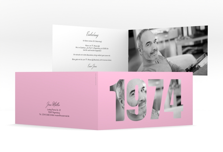 Einladungskarte Jahreszahl 2024 lange Klappkarte quer rosa hochglanz