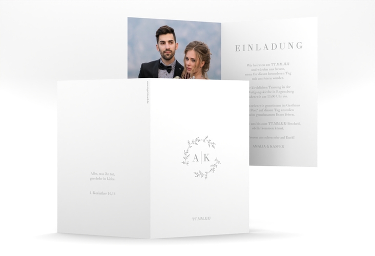 Einladungskarte Hochzeit Filigrana A6 Klappkarte hoch grau in reduziertem Design mit Initialen und zartem Blätterkranz