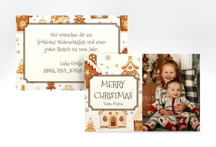 Weihnachtskarte Lebkuchenhäuschen A6 Karte quer beige hochglanz für Weihnachtsgrüße mit Familienfoto