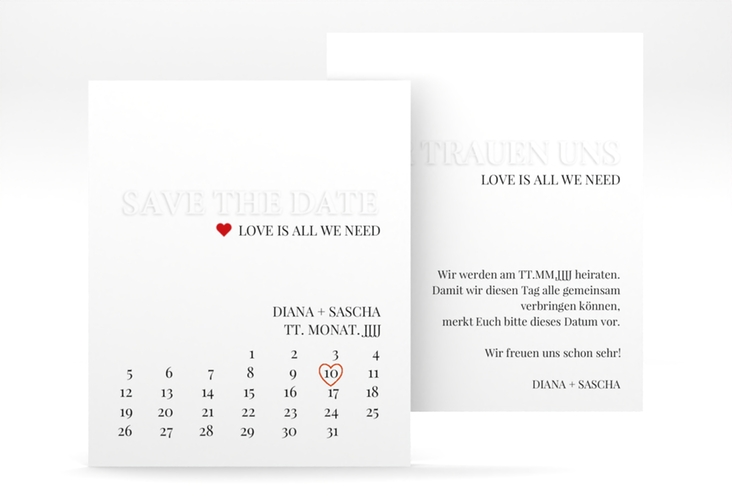 Save the Date-Kalenderblatt Embossing Kalenderblatt-Karte rot hochglanz