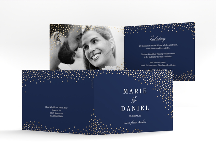 Hochzeitseinladung Glitter A6 Klappkarte quer blau