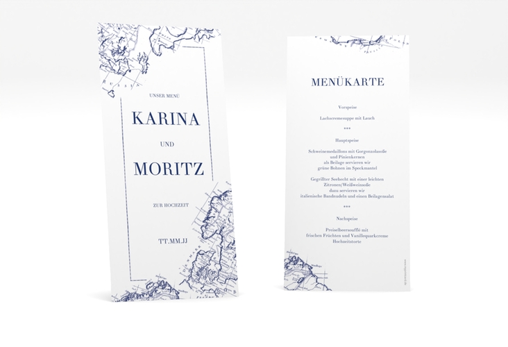 Menükarte Hochzeit Voyage lange Karte hoch blau