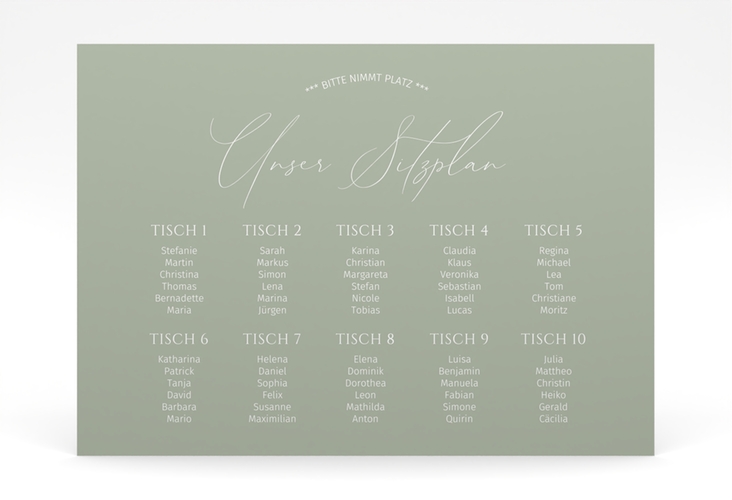 Sitzplan Poster Hochzeit Federschrift 70 x 50 cm Poster gruen in schlichtem Design mit Kalligrafie