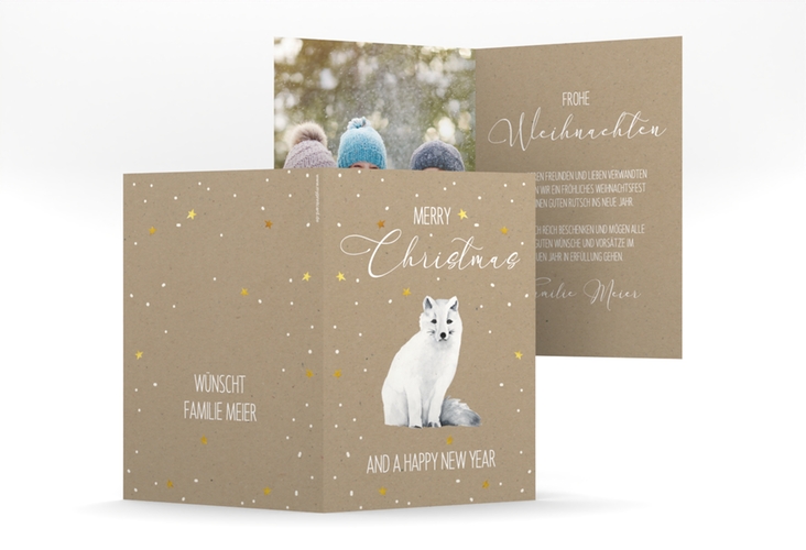 Weihnachtskarte Winterwunderland A6 Klappkarte hoch Kraftpapier mit Polarfuchs und Kraftpapier-Optik