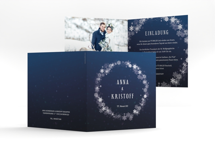 Hochzeitseinladung Winterdream quadr. Klappkarte blau mit Eisblumen