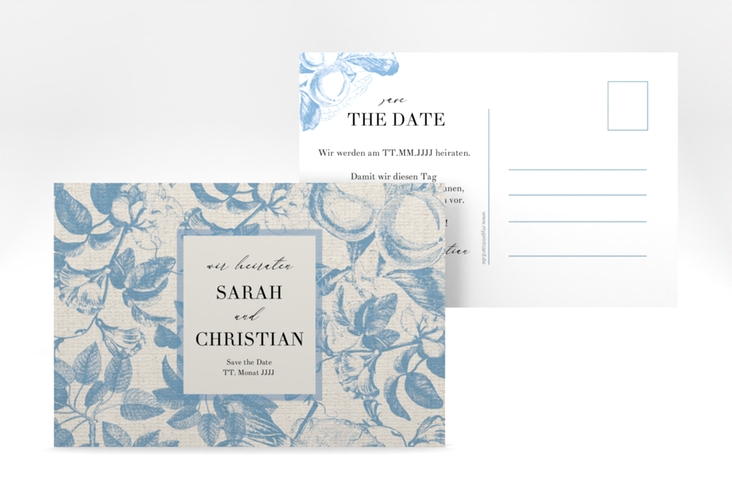 Save the Date-Postkarte Toile A6 Postkarte mit Blättermuster im Toile-de-Jouy-Stil