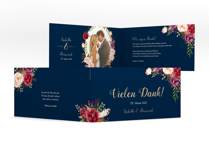 Danksagungskarte Hochzeit Flowers lange Klappkarte quer blau hochglanz mit bunten Aquarell-Blumen