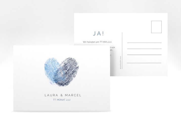 Save the Date-Postkarte Fingerprint A6 Postkarte blau schlicht mit Fingerabdruck-Motiv