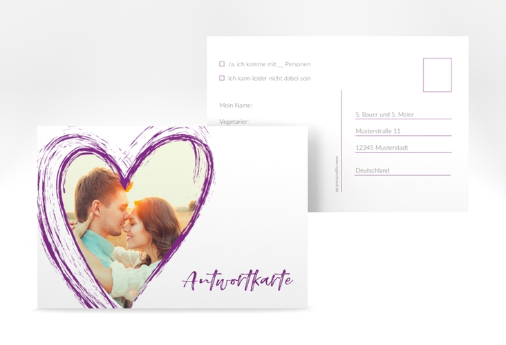 Antwortkarte Hochzeit Liebe A6 Postkarte lila hochglanz