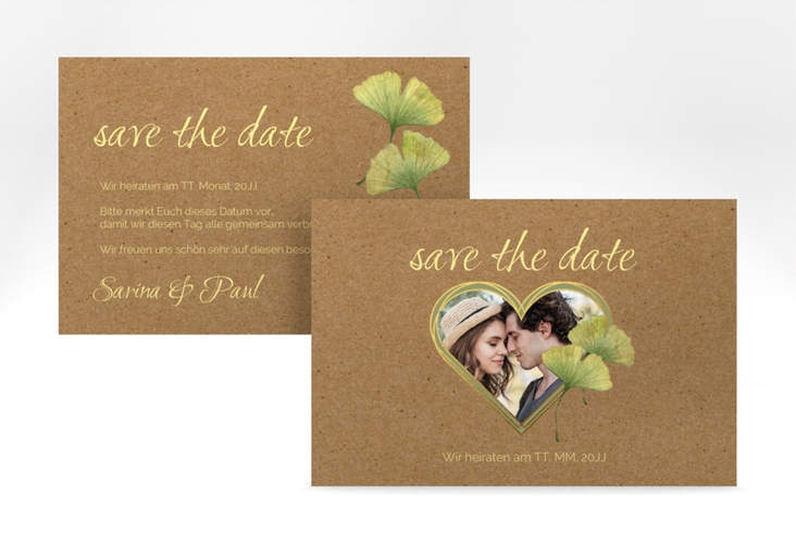 Save the Date-Karte Ginko A6 Karte quer mit Herz und zwei Ginkgo-Blättern