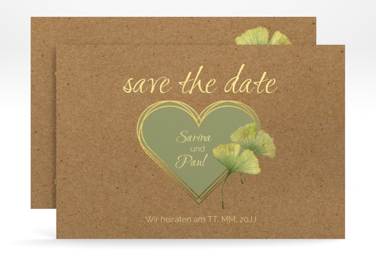 Save the Date-Karte Ginko A6 Karte quer hochglanz mit Herz und zwei Ginkgo-Blättern