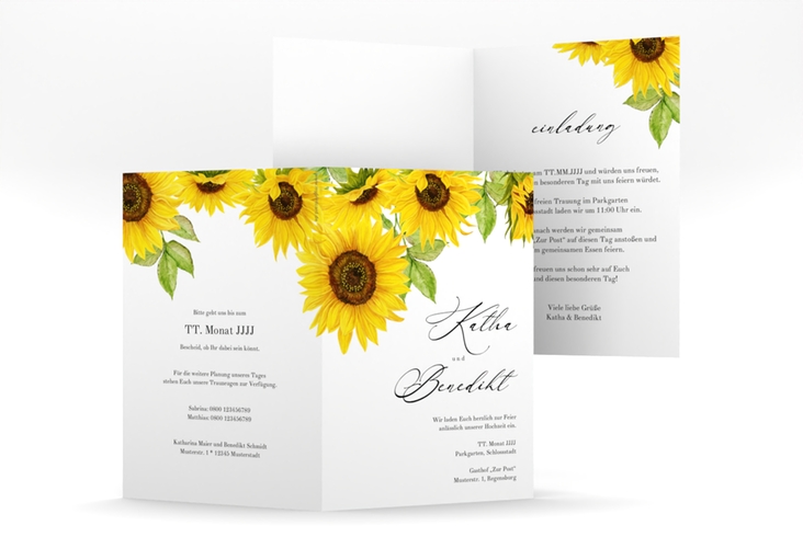 Einladungskarte Hochzeit Sonnenblume A6 Klappkarte hoch mit Blüten in Gelb