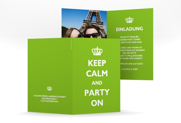 Partyeinladung Statement A6 Klappkarte hoch gruen mit Keep-Calm-Spruch