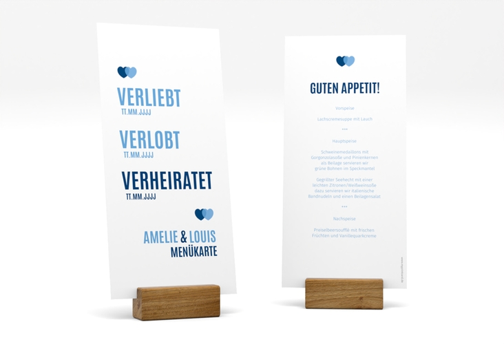 Menükarte Hochzeit Couple lange Karte hoch blau