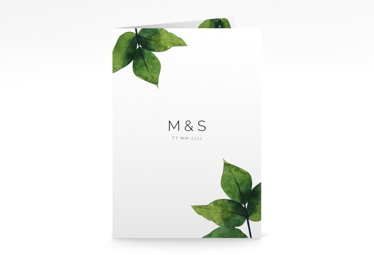 Menükarte Hochzeit Greenery A5 Klappkarte hoch hochglanz minimalistisch mit grünen Blättern