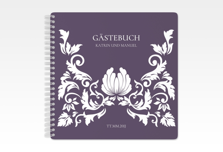 Gästebuch Hochzeit Royal Ringbindung lila mit barockem Blumen-Ornament