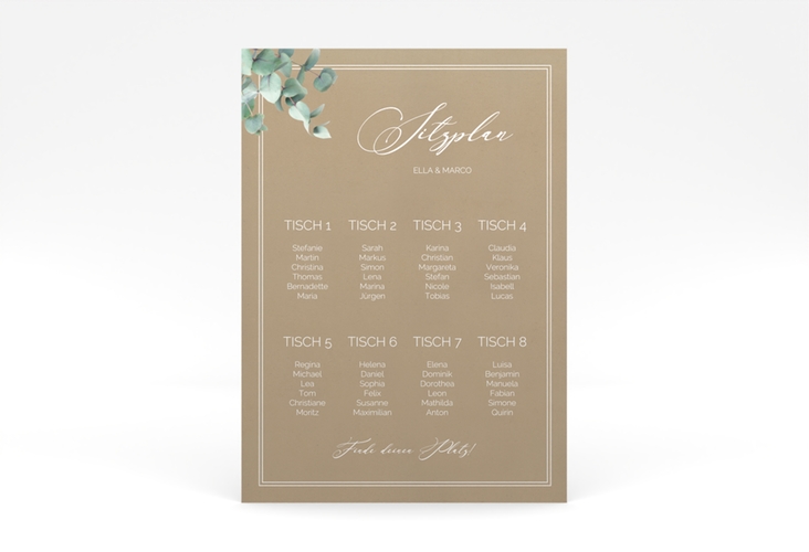 Sitzplan Poster Hochzeit Eucalypt 50 x 70 cm Poster Kraftpapier mit Eukalyptus und edlem Rahmen