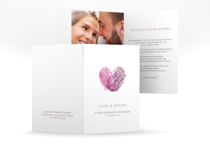 Einladungskarte Hochzeit Fingerprint A6 Klappkarte hoch pink hochglanz schlicht mit Fingerabdruck-Motiv