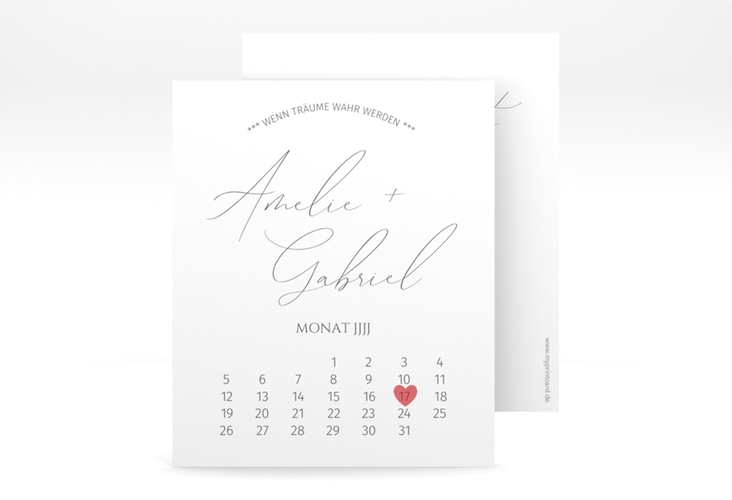 Save the Date-Kalenderblatt Federschrift Kalenderblatt-Karte weiss in schlichtem Design mit Kalligrafie