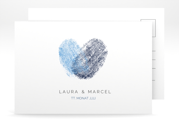 Save the Date-Postkarte Fingerprint A6 Postkarte blau schlicht mit Fingerabdruck-Motiv