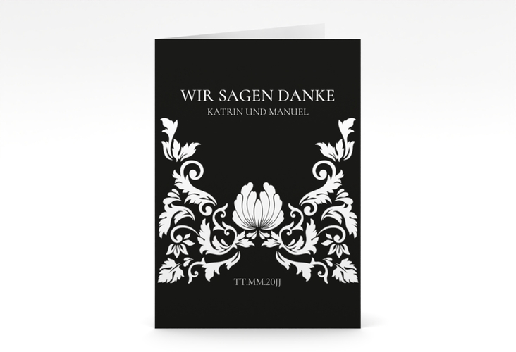 Danksagungskarte Hochzeit Royal A6 Klappkarte hoch schwarz mit barockem Blumen-Ornament