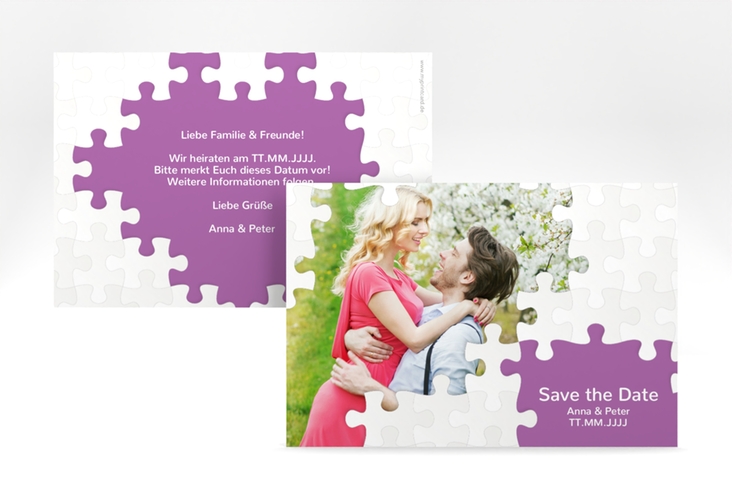 Save the Date-Karte Hochzeit Puzzle A6 Karte quer lila