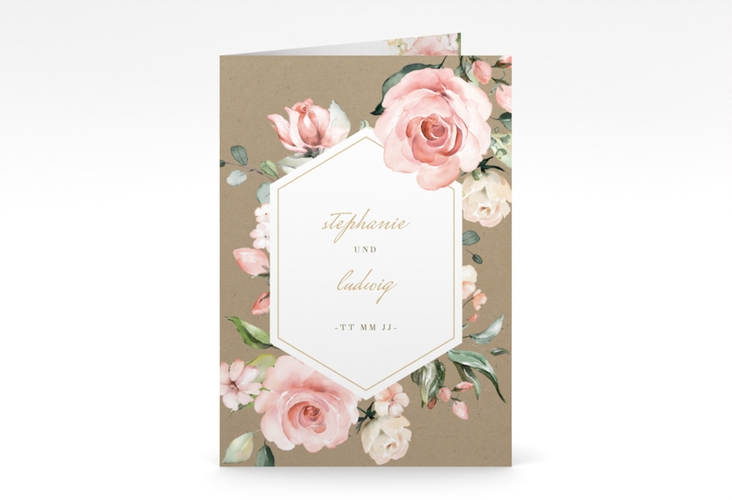 Einladungskarte Hochzeit Graceful A6 Klappkarte hoch Kraftpapier mit Rosenblüten in Rosa und Weiß