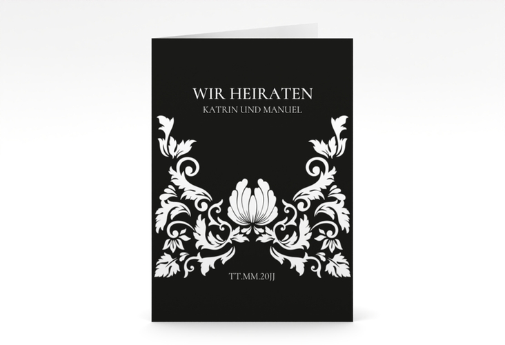 Einladungskarte Hochzeit Royal A6 Klappkarte hoch schwarz hochglanz mit barockem Blumen-Ornament