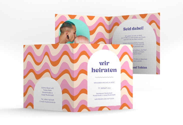 Hochzeitseinladung Retrovibes quadr. Klappkarte hochglanz im 70er Jahre Psychedelic-Design