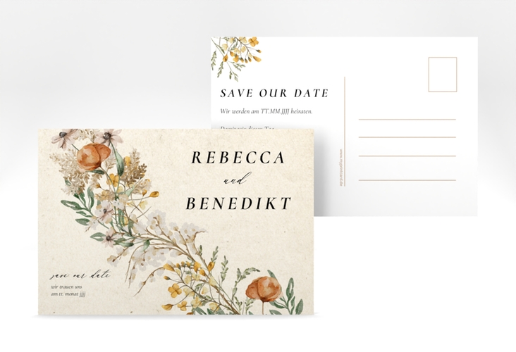 Save the Date-Postkarte Wildfang A6 Postkarte beige mit getrockneten Wiesenblumen