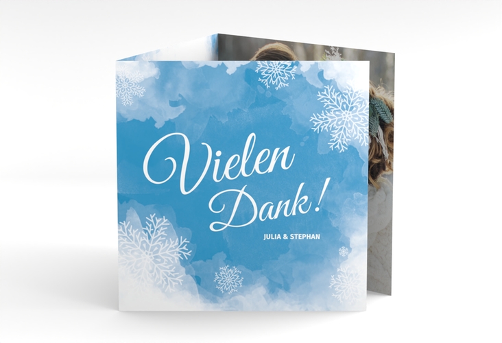 Dankeskarte Hochzeit Frozen quadr. Doppel-Klappkarte blau mit Winter-Design