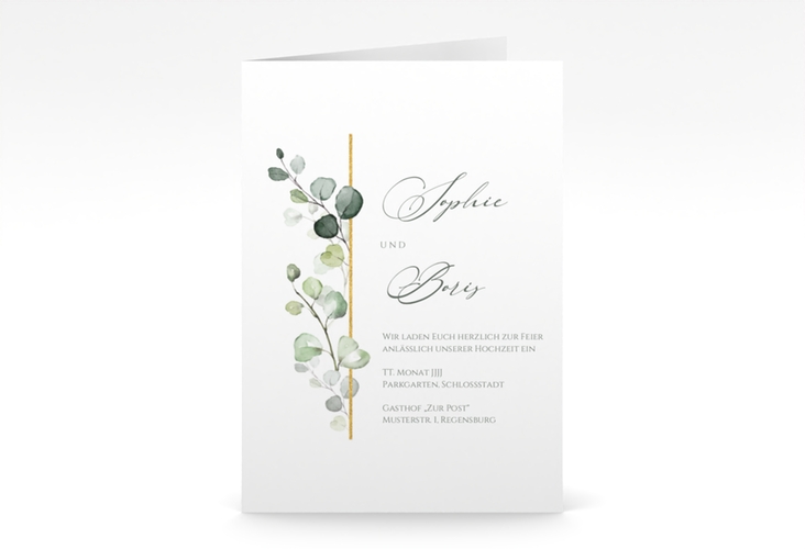 Einladungskarte Hochzeit Adelya A6 Klappkarte hoch elegant mit Eukalyptus-Motiv