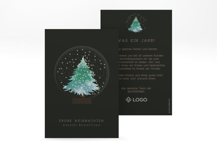 Business-Weihnachtskarte Snowglobe A6 Karte hoch gruen hochglanz mit Tanne in einer Schneekugel