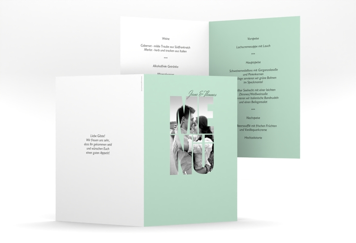 Menükarte Hochzeit Letters A5 Klappkarte hoch mint