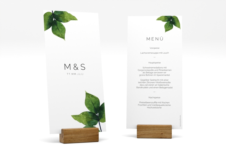 Menükarte Hochzeit Greenery lange Karte hoch gruen minimalistisch mit grünen Blättern