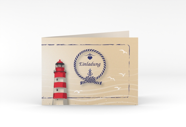 Hochzeitseinladung Sylt A6 Klappkarte quer braun mit Leuchtturm