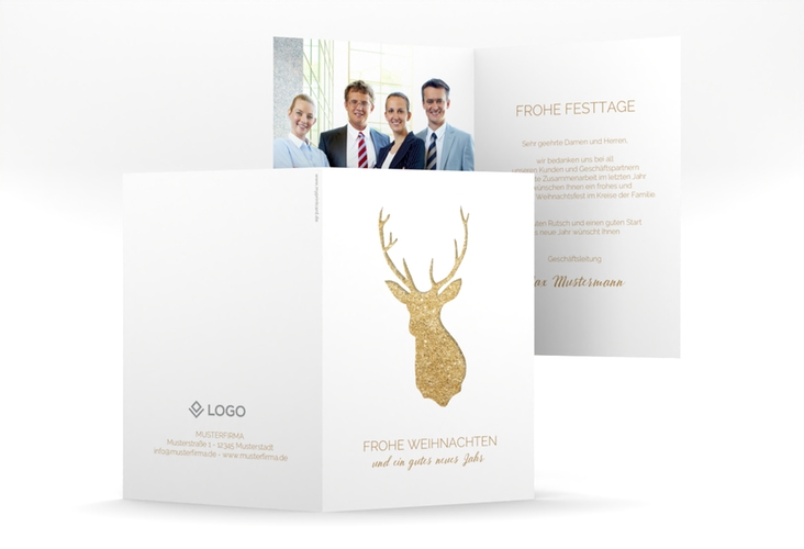 Business-Weihnachtskarte Deer A6 Klappkarte hoch gold und weiß mit Reh-Kopf