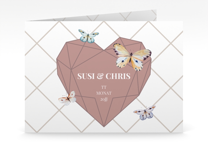 Hochzeitseinladung Butterfly mittlere Klappkarte quer mit Schmetterlingen und Herz im Geometric Design