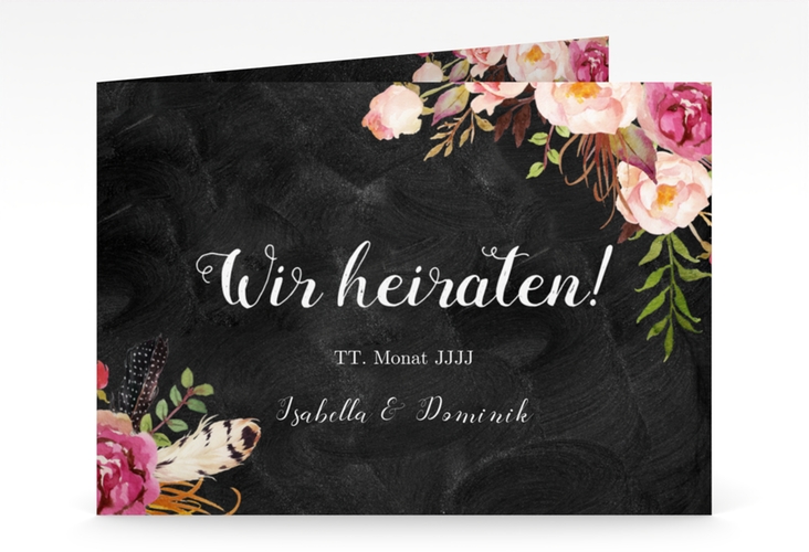 Hochzeitseinladung Flowers mittlere Klappkarte quer schwarz mit bunten Aquarell-Blumen