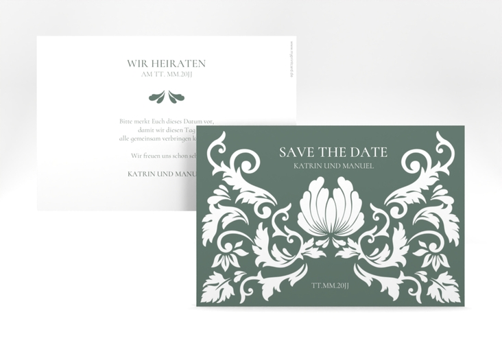 Save the Date-Karte Royal A6 Karte quer gruen mit barockem Blumen-Ornament