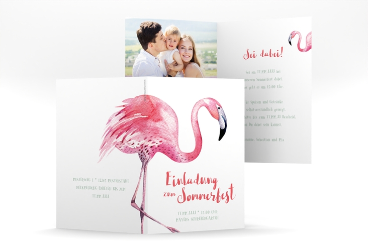 Party Einladungskarte Animal A6 Klappkarte hoch mit Flamingo