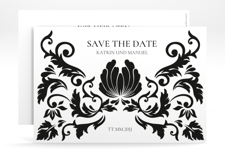 Save the Date-Karte Royal A6 Karte quer weiss hochglanz mit barockem Blumen-Ornament