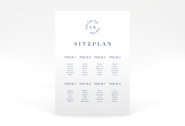 Sitzplan Poster Hochzeit Filigrana 50 x 70 cm Poster blau in reduziertem Design mit Initialen und zartem Blätterkranz