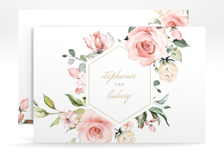 Save the Date-Karte Graceful A6 Karte quer weiss hochglanz mit Rosenblüten in Rosa und Weiß