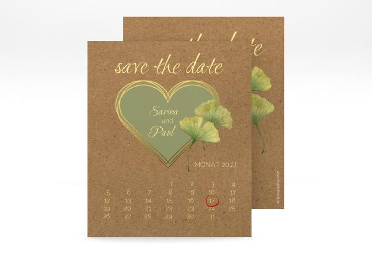 Save the Date-Kalenderblatt Ginko Kalenderblatt-Karte Kraftpapier hochglanz mit Herz und zwei Ginkgo-Blättern